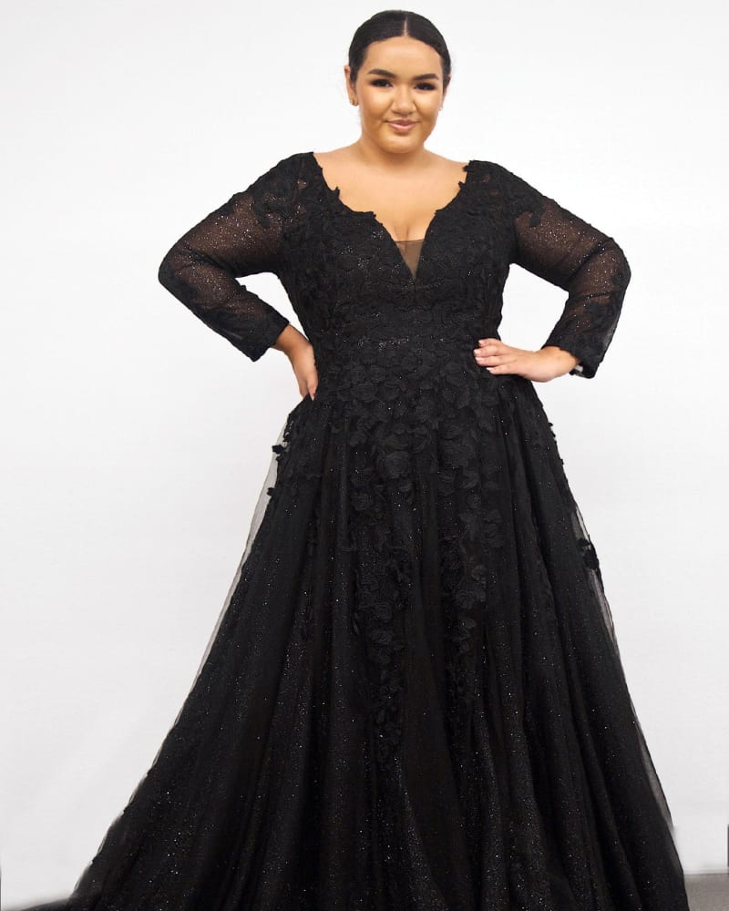 Front of a model wearing a size 30 Shirley Wedding Dress in Black by Sydney's Closet. | dia_product_style_image_id:286836